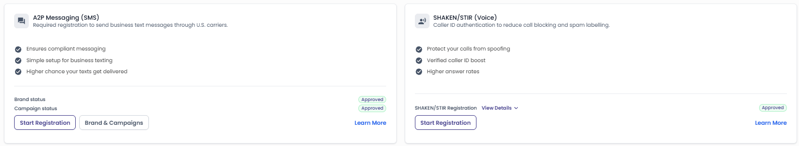 GoHighLevel’s A2P messaging panel, showing brand status approved, campaign status approved, and SHAKEN/STIR caller ID approved.