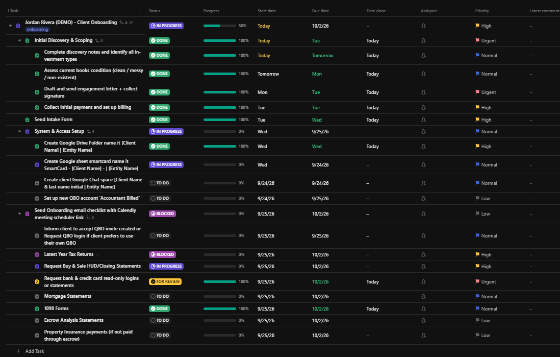 Client work laid out as a task board with stages, owners and dates.