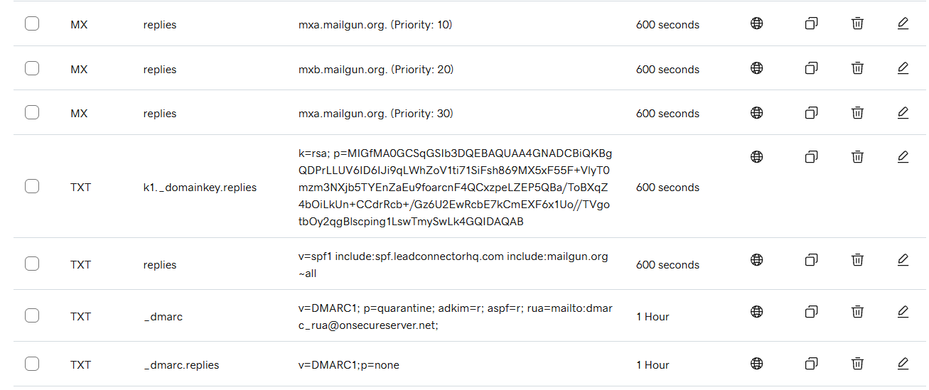 DNS records showing mail exchange entries, a DKIM signing key, an SPF record, and a DMARC policy set to quarantine.