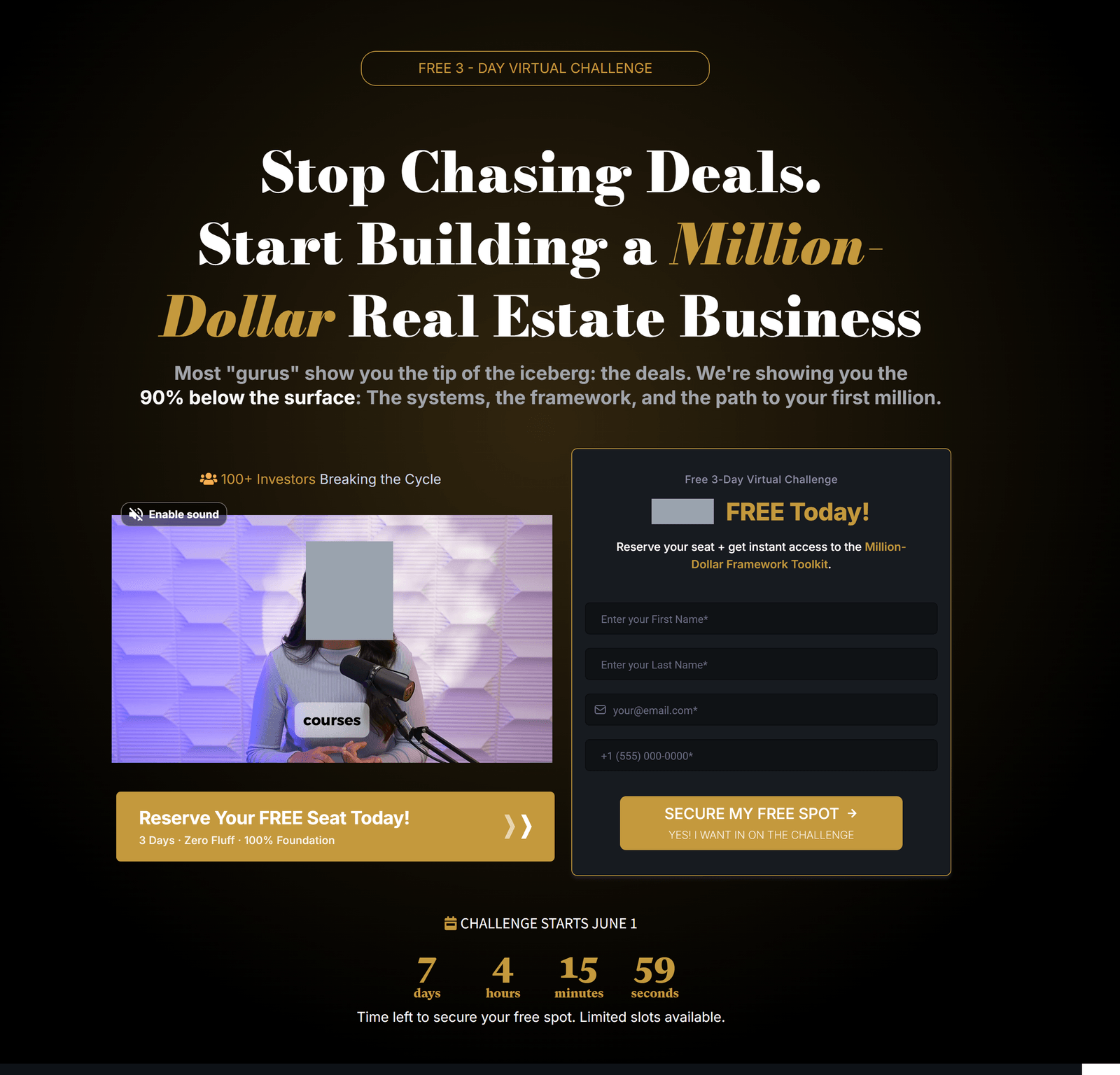 The funnel landing page: headline, an embedded video, a four-field opt-in form, a call to action and a countdown to the event date. The presenter’s face is redacted.
