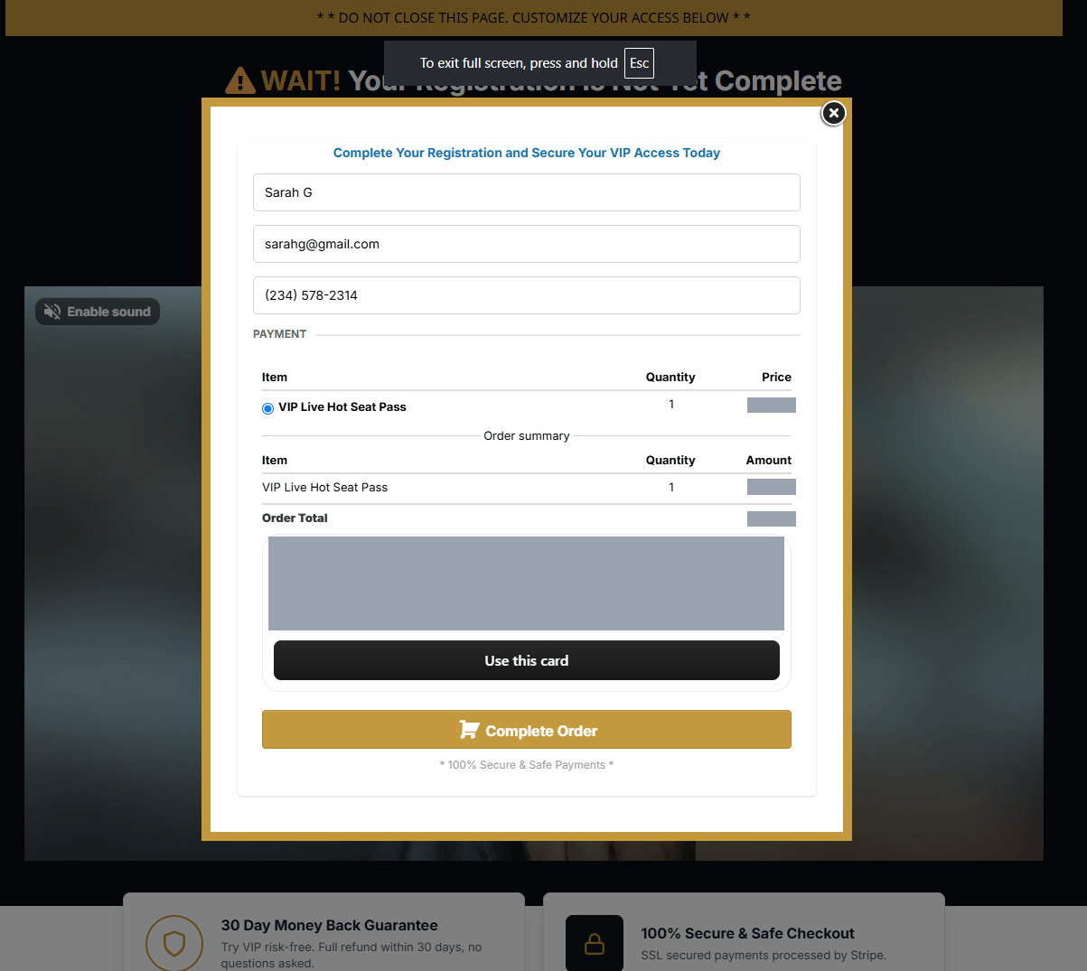 The checkout overlay: name, email and phone fields, a VIP Live Hot Seat Pass line item at twenty-seven dollars, an order total, and a Complete Order button. The saved payment method is redacted.