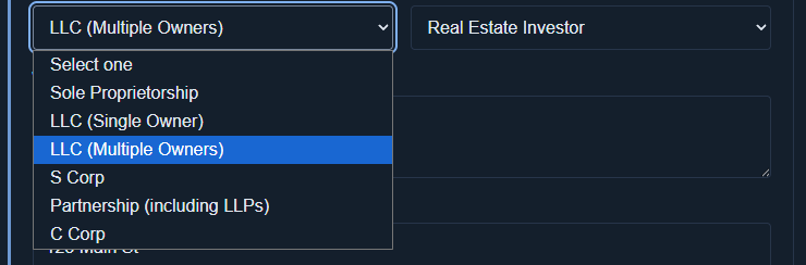 The entity type dropdown open, listing the company structures the form accepts.