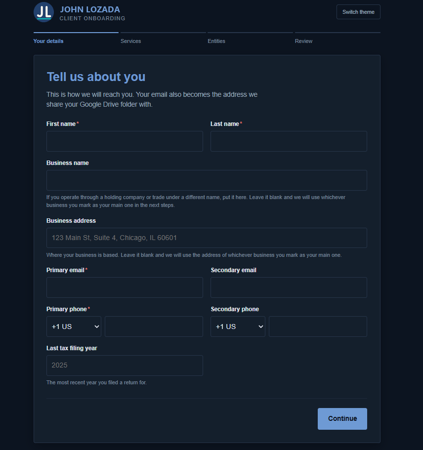 The intake form in its dark theme, showing the name, business and contact fields.