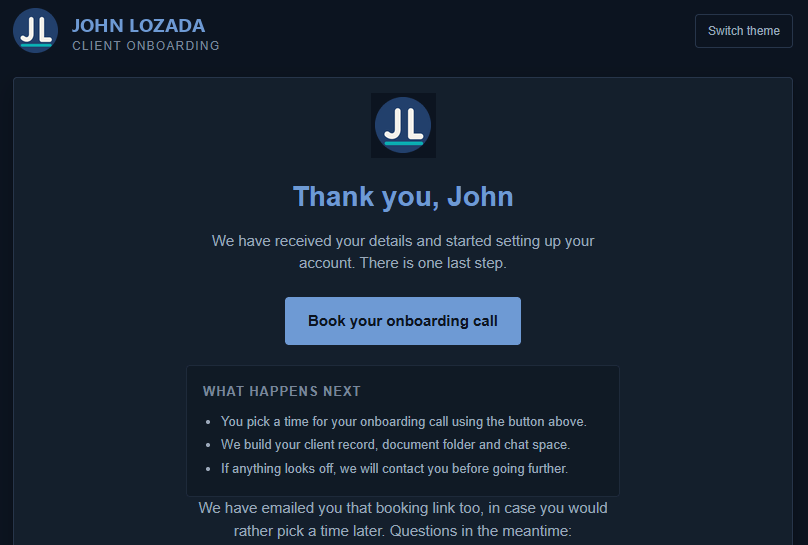 The thank-you page, telling the client there is nothing else to send and asking them to book a call.