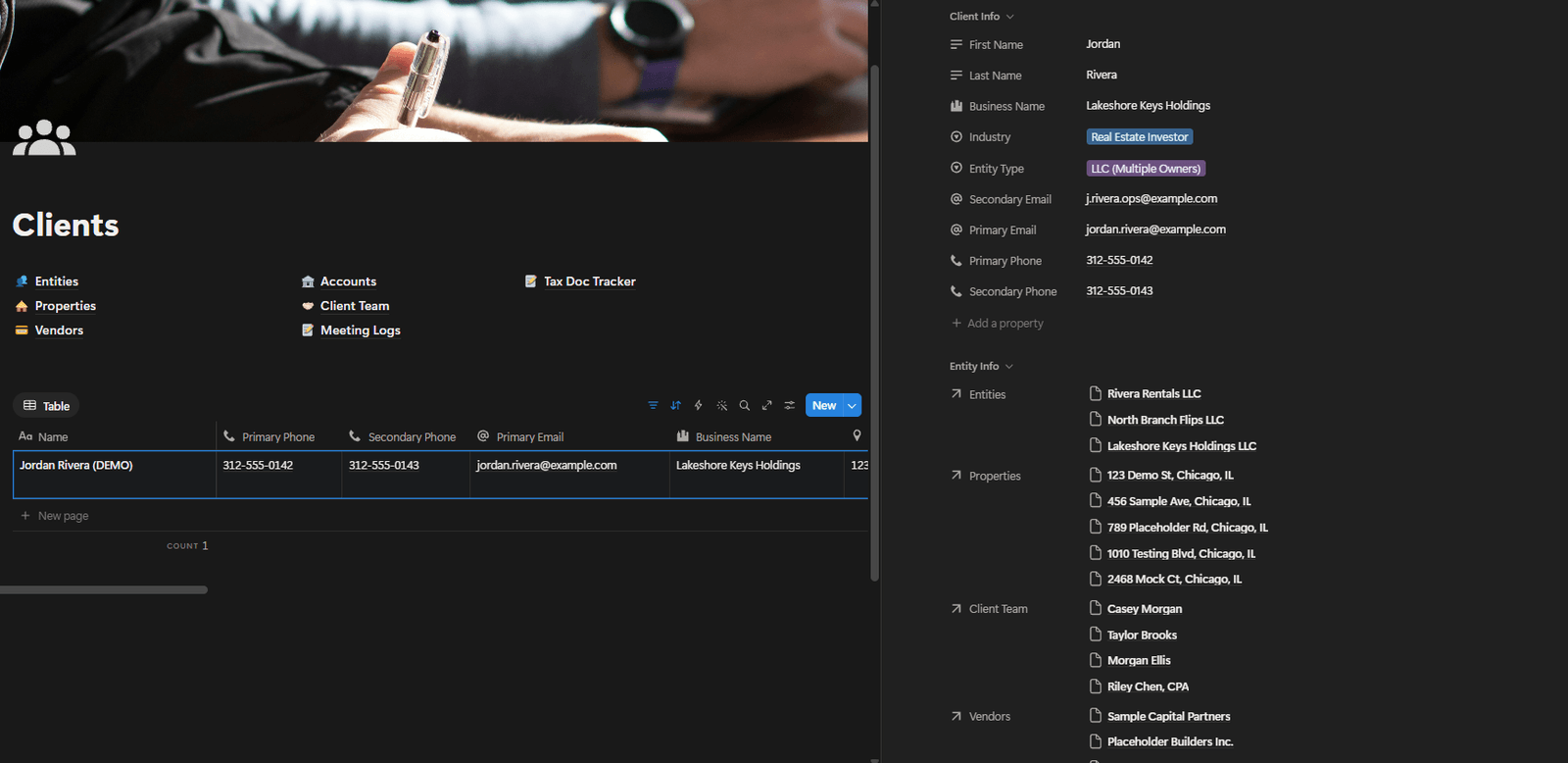 One client record, with every company, property, account and contact linked to it.