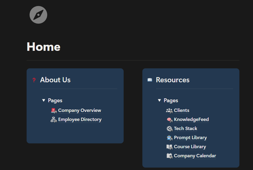 The company home page, where the client database sits alongside the team directory and the shared libraries.