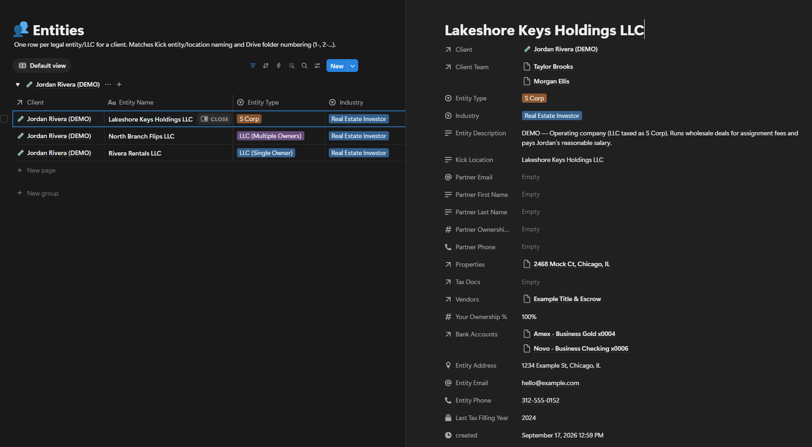 One row per company, named to match the bookkeeping platform and the Drive folders.