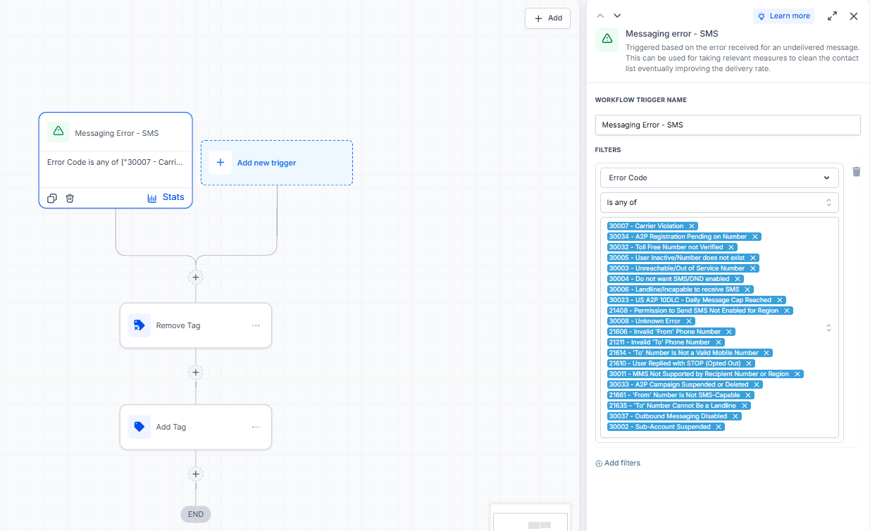 A workflow triggered by SMS messaging errors, filtered on twenty carrier error codes including three specific to A2P registration.
